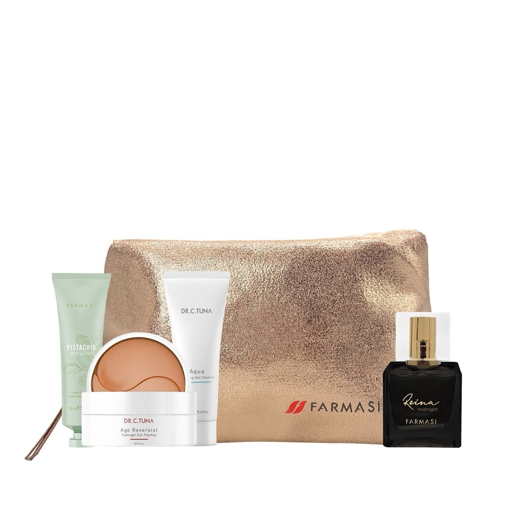 Skincare and Makeup Set with Gold Bag
